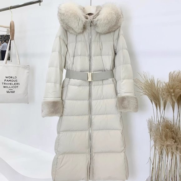 MICHAA Korean Luxury Fox and Mink Fur Long Down Jacket with Belt Size 55 - Picture 1 of 16